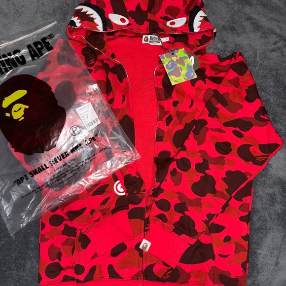 Bape Red and Black Camo Shark Hoodie - Picture 1 of 2